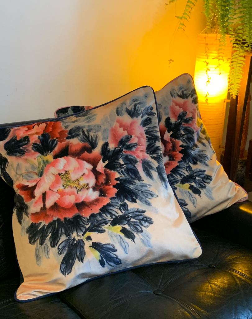beautiful velvet cushion covers with original peony watercolour painting by Nikole Lowe